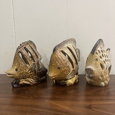 Set VTG Tropical Fish Tea Light Holder Beige Brown Drip Glazed Ceramic Pottery  picture