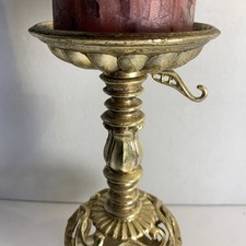 Vtg Hollywood Regency Gold Toned Metal Ornate Pillar Candleholder 9” Opulent  picture