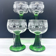 Vtg German Roemer Hock Wine Glasses Green Beehive Stem Etched Grape -Set 4 4.75