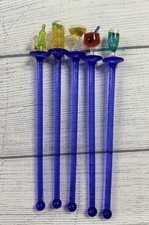 Vintage Plastic Cocktail Stir Sticks Blue Stem Drink Swizzle Set Lot of 5 picture