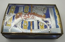 Vintage Via Vermont Blue Glass Brass Musical Jewelry Box Carousel Horse WORKS picture