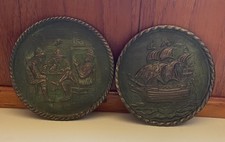 Vintage Brass Wall Plates Peerage England Antique Men In The Pub Scene Set Of 2 picture