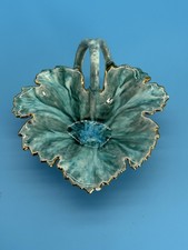 VINTAGE 1956 BPA Art Pottery Leaf Basket Bowl Green Gold Gilt Handle picture