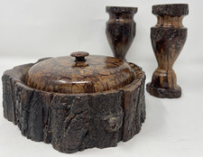 VTG Chrysanthemum Wood Carved Lidded Bowl w/ Matching Candlesticks RARE picture