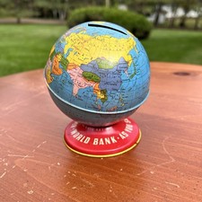 Vintage The Ohio Art Co. Tin Metal World Globe Piggy Bank USA 5” Tall picture