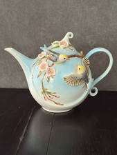 Pier 1 Imports 3D Hand Painted Birds & Flowers Porcelain Tea Pot 7” picture