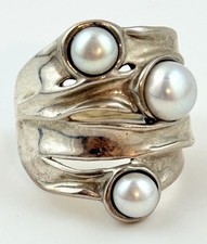 Hagit Gorali Modernist Sterling Silver 925 Pearl Wide Band Ring Sz 6.5 Brutalist picture