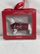 Fringe Studio Ceramic Dachshund Christmas Ornament Red Plaid Sweater NIB picture