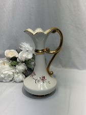 Beautiful Vintage Floral Ewer/ Pitcher Vase With Gold Trim 12” X 5.75” picture