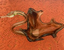 Vintage MCM Hand Blown Murano Style Swan Brown Tones Art Glass Dish 6x4” picture