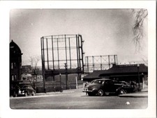 Vintage 1949 Waukegan IL Street Scene Photograph Gasometer Cars Chicago Sign B&W picture