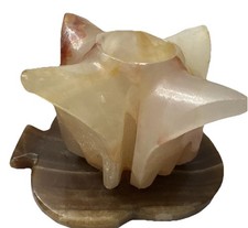 VINTAGE CARVED MARBLE ONYX STONE CANDLE STICK HOLDER TULIP & LEAF DESIGN picture