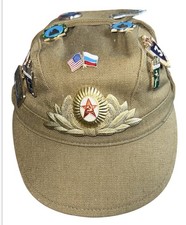 Vintage USSR Soviet Union Russian Military Hat W/ Pins Patches Sz 53 picture