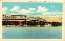 1940s Linen Postcard Mississippi River Bridge Muscatine Iowa picture