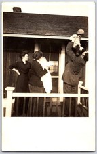 RPPC Postcard FAMILY on Porch (from Arlington Wa Estate) Cedar Shingle Roof picture