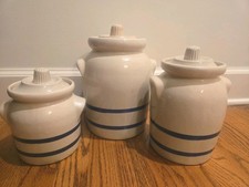 R.R.P Co. Roseville 3pc Canister Crock Stoneware White Blue Stripe W/Lid Set picture
