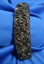 CHUNKY BANGLE BRACELET BLACK LUCITE ACRYLIC ROSES 2 5/8