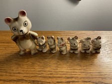Vintage Mama Mommy Bear with SIX Cubs Baby Bears Chained Porcelain Figurines picture