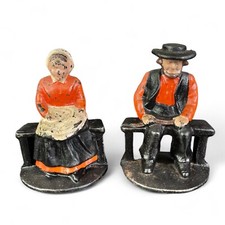Antique Heavy Cast Iron Amish Couple Doorstop Bookends Amish People picture