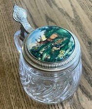 Antique BMF Bierseidel Glass Beer Stein Mug W Germany Enamel Top Mountain Deer picture
