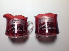 Ruby Flashed Pitcher & Sugar Bowl-Souvenir of AUDUBON IOWA-Excellent Condition picture