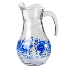 1.8 L Clear Glass Pitcher with Lid with Gzhel Floral Decal picture