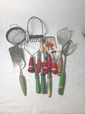 Lot of 10 Red Green Wooden Handle Vintage Kitchen Utensils  picture