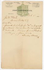 1890 First National Bank Orleans NE Letter Burton Harvey Signed Interest Payment picture