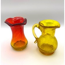 Vintage Amberina Crackle Glass Mini Bud Vase w/ Yellow Mini Pitcher Art Glass picture