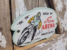 VINTAGE SAM ARENA PORCELAIN SIGN OLD MOTORCYCLE RACING PALO ALTO CA HARLEY BIKER picture