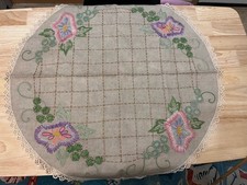 VTG Hand Embroidered Linen Table Topper Floral Lace Edge 34” Doily Mid Century picture