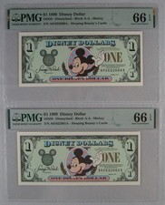 Lot of (2) Consecutive 1999 $1 Disney Dollar Mickey Mouse/Disneyland PMG 66 EPQ picture