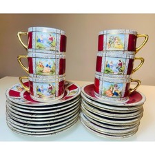 Vintage Fragonard Courting Couple 27pc Demitasse Set Burgundy Gold Czechoslavia picture
