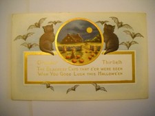 CATS WATCH BATS ON HALLOWEEN antique unused embossed postcard CHROMOLITHO gold picture