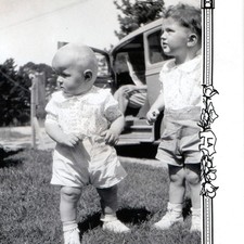 c1930s Toddler Baby Boy Car Snapshot Photo Art Deco Border Romper Shoes Lawn Vtg picture