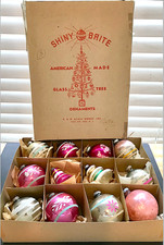 Vintage 12 Shiny Brite Christmas Ornaments Pink Flower Stripe Tree Stencil Frost picture