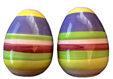 Pastel Easter Egg Salt & Pepper Shakers Yellow/Purple/Green Ceramic 2.5” Tall picture