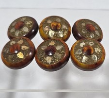 (6)Vtg MCM Large Amber Bakelite Gold Tone  Metalic Petals Glitter Design Buttons picture