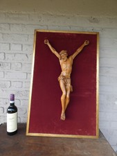 Antique XL Religious plaque Wall corpus christ wood carved rare velvet picture