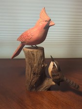 Vintage John Cowden Wood Carving Cardinal Carolina Wren Tennessee Folk Art MCM picture