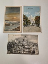 3 Old Postcards - Sunset Over Ocean Waves/Douglas Ave. Minneapolis/Augusta,Maine picture