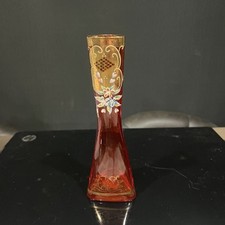 Ruby Red Bohemian Style Vase Enameled Flowers Gold Trim 7 1/2” Triangular picture