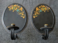 PAIR ANTIQUE Tin Tole Toleware Wall Candle Sconces w/ REFLECTORS Hand Painted picture