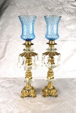 Vintage L&L WMC Pair of Blue Glass Candle Holders on Brass Stands # 27862 picture