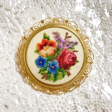 H.P. France Vintage 70s Petit Point Brooch Floral Pattern Made in France picture
