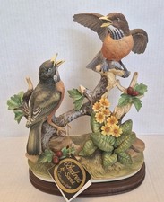 Vtg Andrea by Sadek Robin Bird Figurine Double Pair Wood Base Hand Painted Tag picture