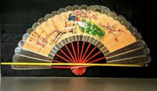 Hand Painted Vintage Bamboo Wall Fan Massive 71” Peacock & Blossoms Artisan 6ft picture