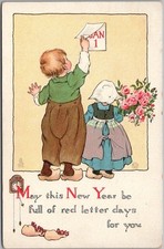 1920 Tuck's HAPPY NEW YEAR Postcard / Little Dutch Boy & Girl / Pink Roses picture