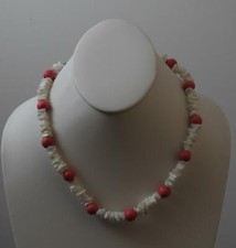 Vintage White Plastic Pink Wood Bead Necklace Silver Tone Closure About 16