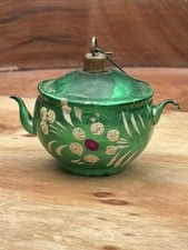 Vintage West Germany Mercury Glass Green Teapot Hand Painted Christmas Ornament picture